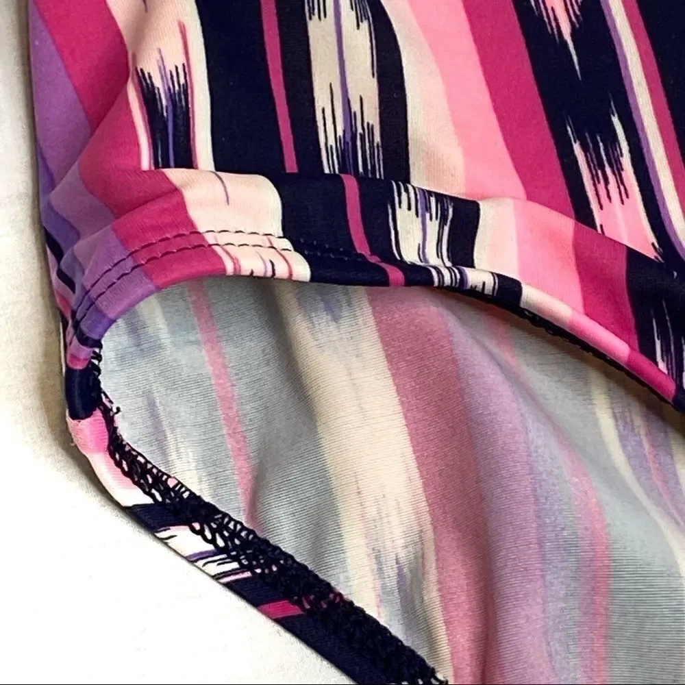 Lands End pink and purple vertical stripe one piece swimsuit size 12+